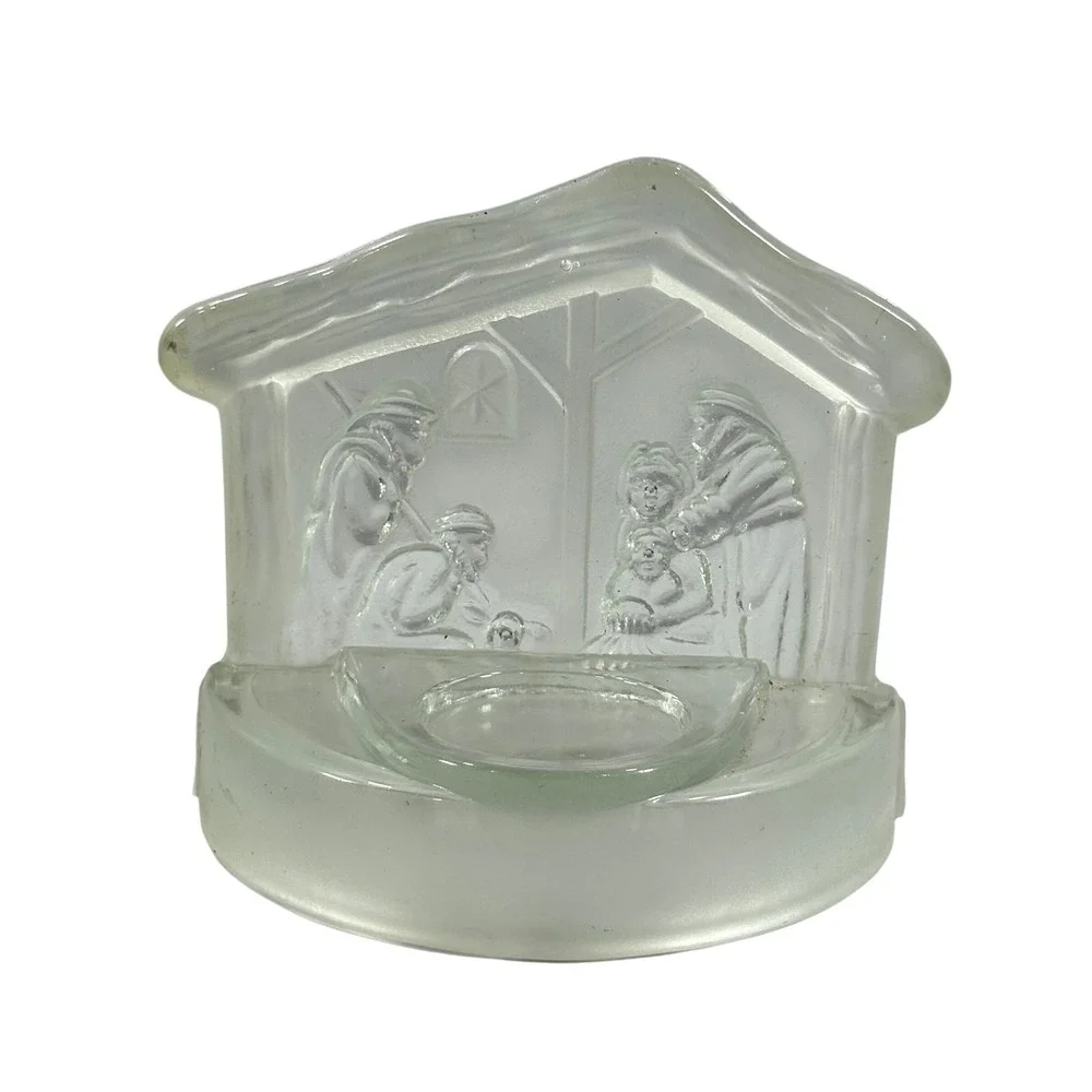VTG Nativity Scene Votive Holder Frosted Glass Christmas Religious‎ Decor Small